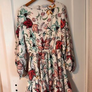 Floral Tiered Long-Sleeve Dress - White with Red & Green Print